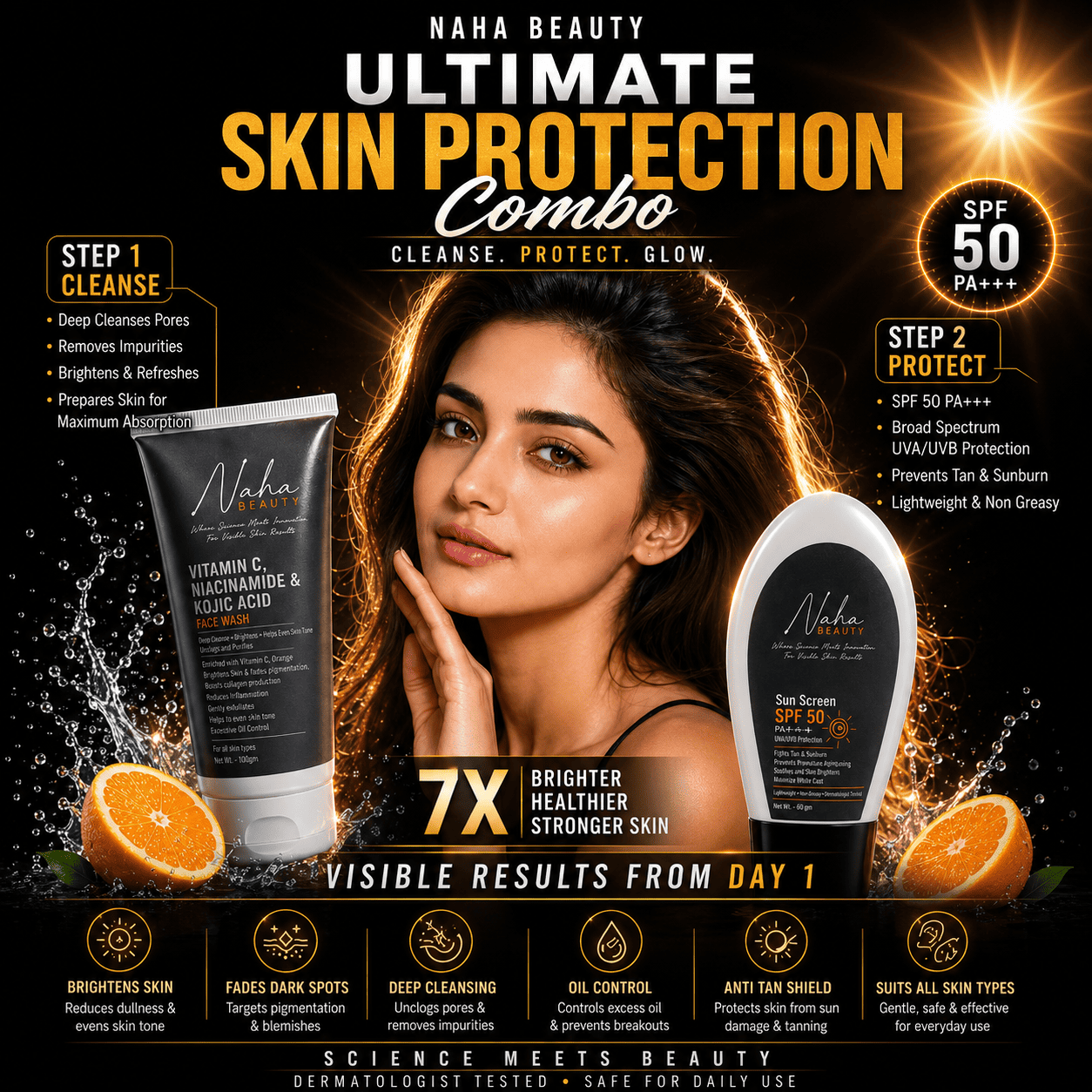 Naha Beauty Ultimate Skin Protection Combo | Vitamin C Face Wash + SPF 50 PA+++ Sunscreen