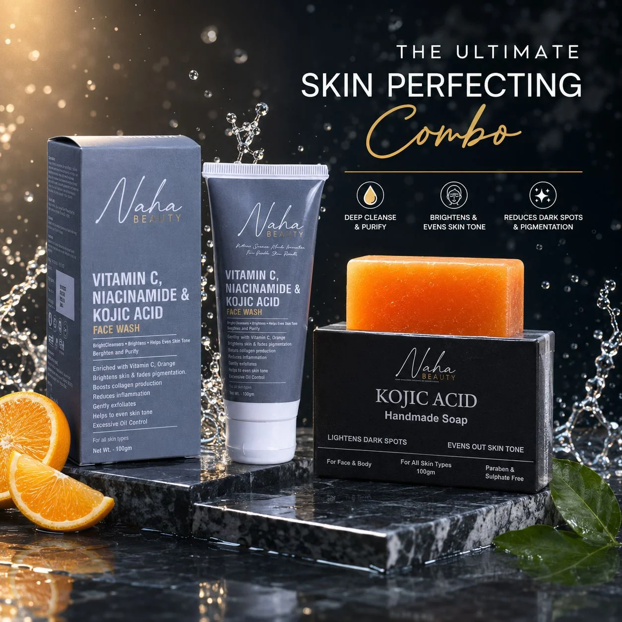 Naha Beauty Skin Perfecting Combo | Vitamin C Face Wash + Kojic Acid Soap