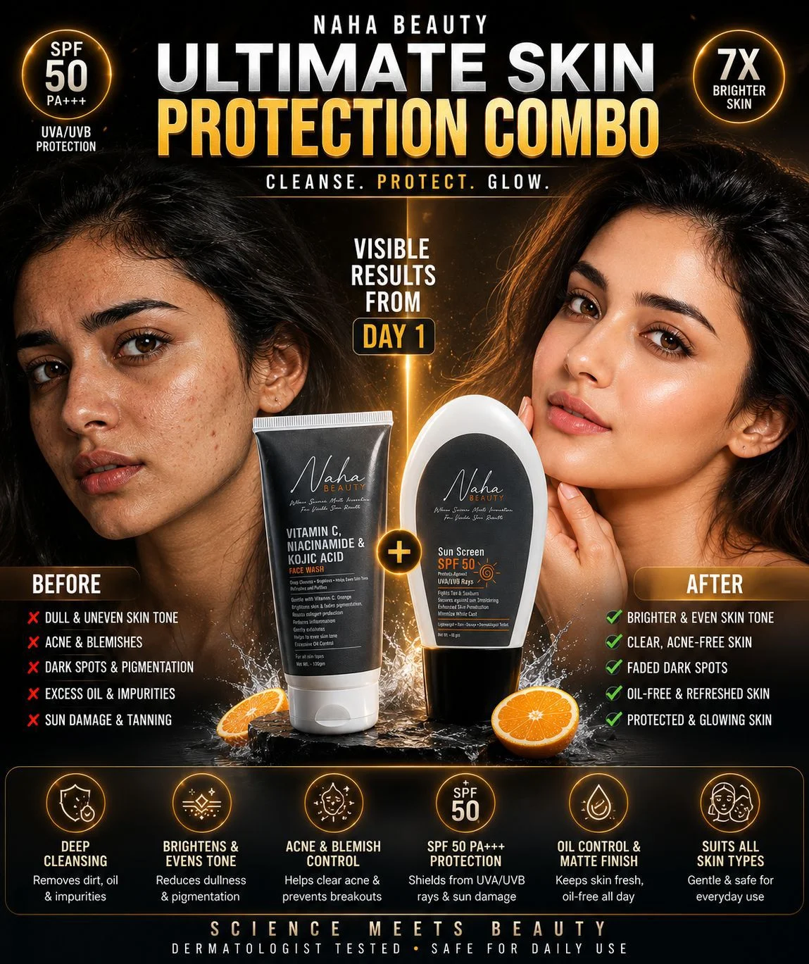 Naha Beauty Ultimate Skin Protection Combo | Vitamin C Face Wash + SPF 50 PA+++ Sunscreen - Image 2