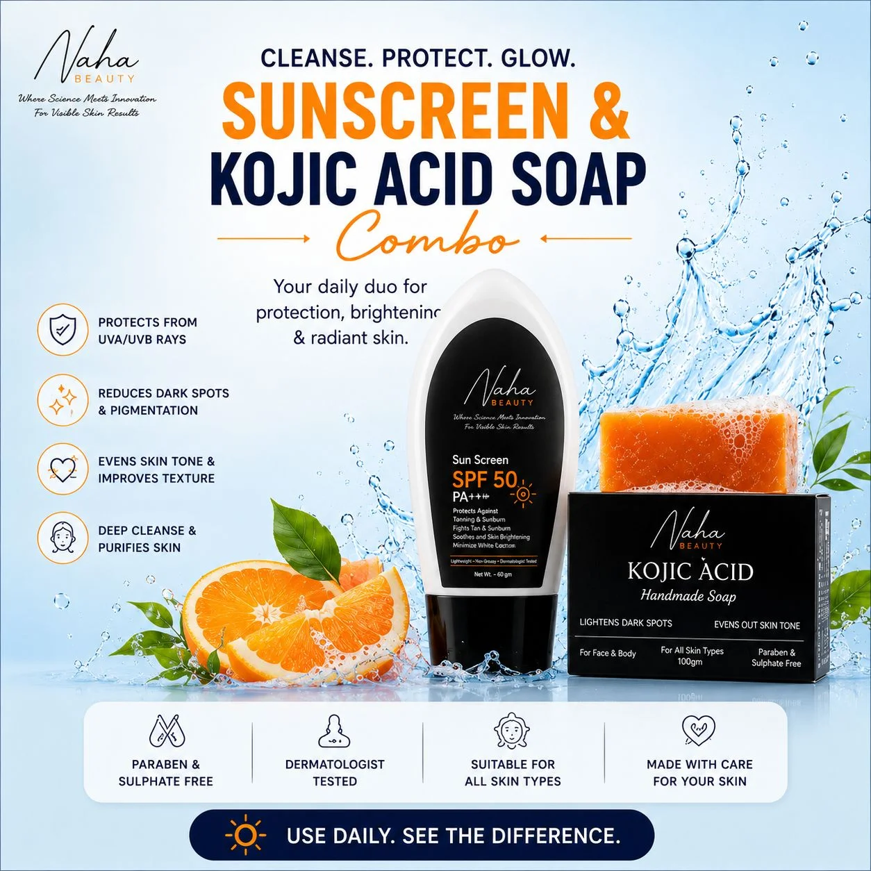 Naha Beauty Skin Perfecting Combo | Kojic Acid Handmade Soap + SPF 50 PA+++ Sunscreen