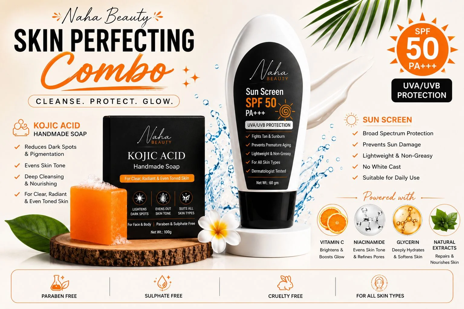 Naha Beauty Skin Perfecting Combo | Kojic Acid Handmade Soap + SPF 50 PA+++ Sunscreen - Image 2